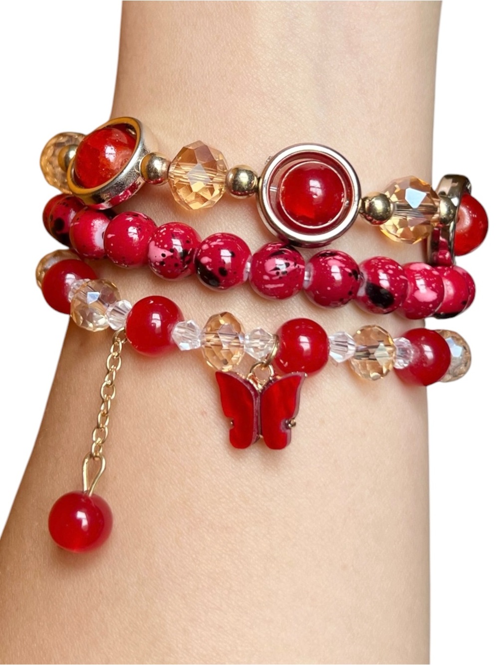 Red Butterfly Charm Beaded 3 Pieces Stretch Bracelet Set NWOT